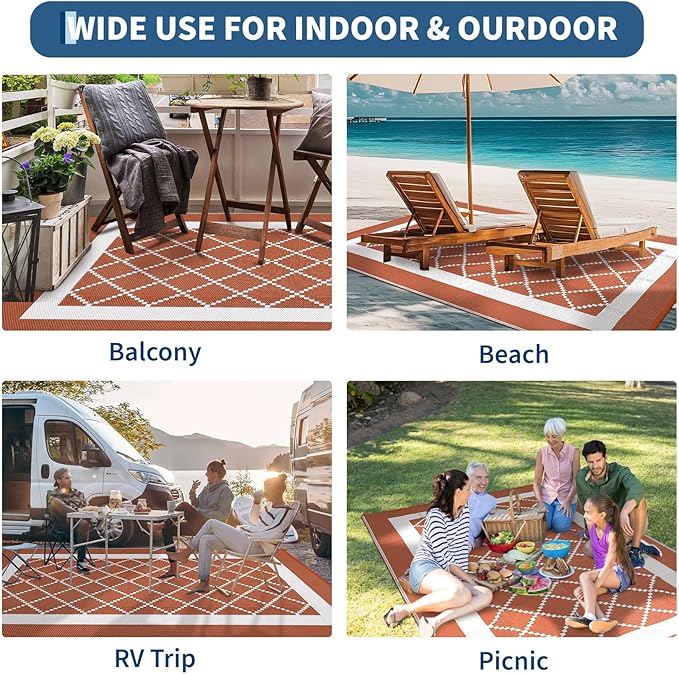 Waterproof Outdoor Rug 8x10 Reversible Plastic Straw Rug Modern Geometric Large Floor Carpet Lightweight Foldable Camping Mat for Outdoors RV Patio Backyard Picnic Orange/White