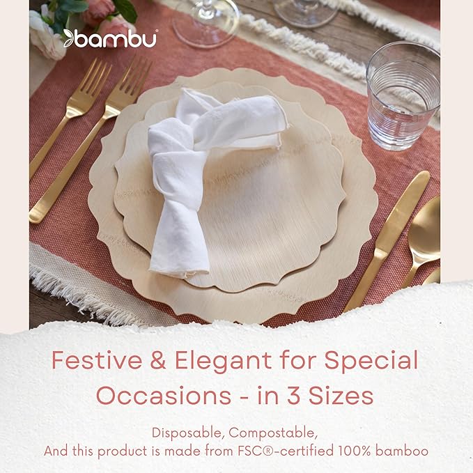 Bambu Pack of 100-11 Inch Disposable Bamboo Plates Fancy, Biodegradable Eco Friendly Products, Bamboo Disposable Plates for Party, Weddings, and Events, Great For Any Occasion - Bulk Case