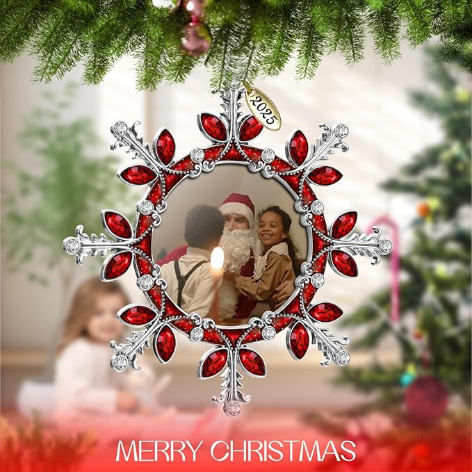 2025 Christmas Tree Ornament Snowflake Picture Frame Metal Hanging Pendant Holiday 2" Photo Frame Charm Decorative of Pets, Baby First Christmas, Family (Red)