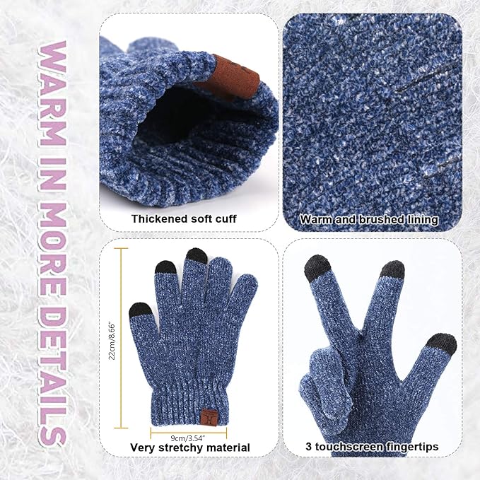 Womens Winter Knit Warm Hat Beanie Long Scarf Touch Screen Gloves Set Skull Caps Neck Scarves for Women