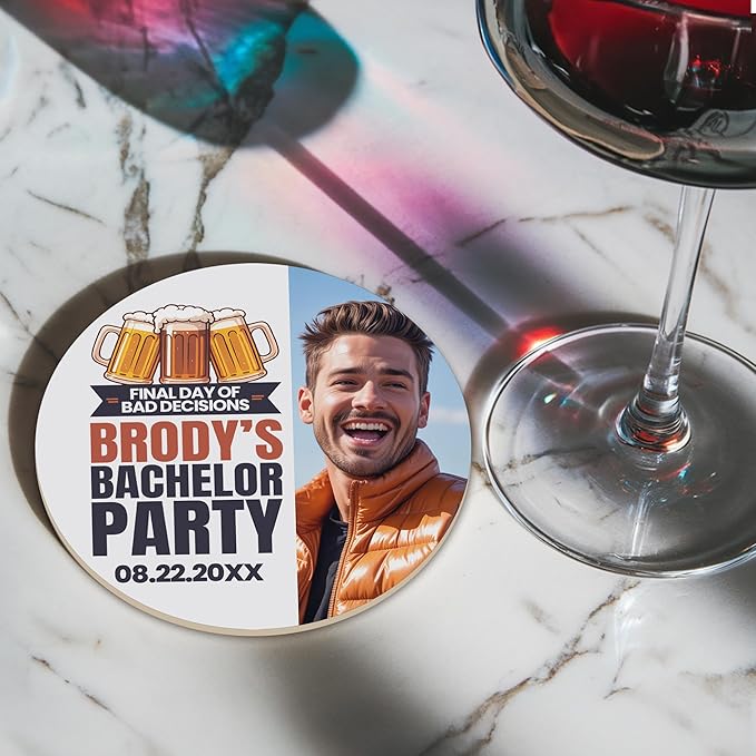 10 Pack Personalized Bachelor Party Coasters, Custom Cardboard Drink Coasters with Photo Print and Text, Fun Bachelor Party Favors and Gifts, 3.95" Round, Design 2