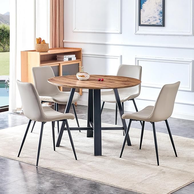 Round Dining Table Set for 4, Round Kitchen Table and Chairs Set for 4,Modern 42" Wood Dining Room Table Set & PU Leather Chairs for Small Space Kitchen Apartment Office