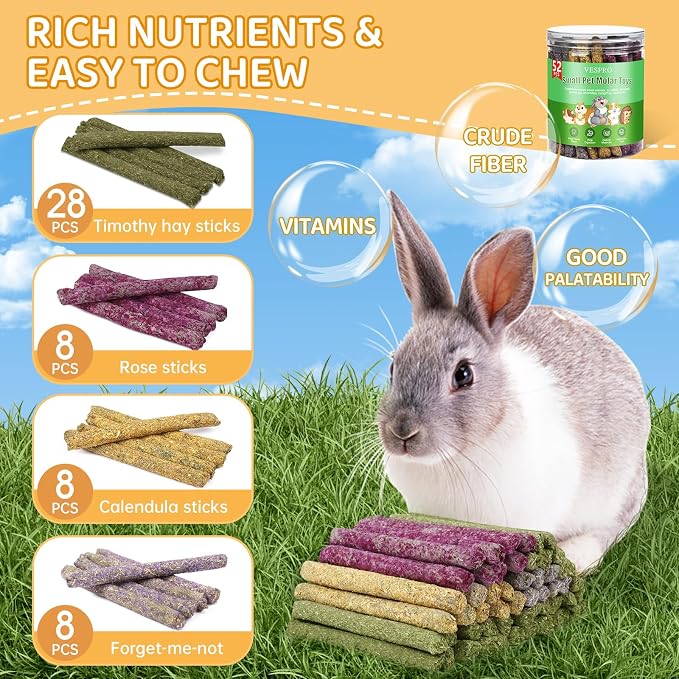 52Pcs Rabbit Chew Sticks, Guinea Pig Toys, Natural Timothy Teeth Stick | Rabbit Bunny Chew Sticks Toys for Teeth Mixing Flowers, Roses, Calendula and Forget Me Not, Small Animals Treats