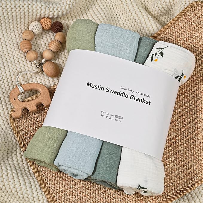 GLLQUEN BABY Muslin Swaddle Blankets for Girls Boy, 4-Pack Baby Blankets for Girl Boy, Newborn Receiving Blanket, Baby Swaddle Blanket Unisex, Baby Essentials, Registry & Gift, 40 x 38 inches