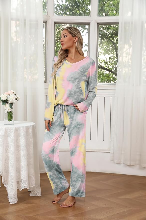 Ekouaer Womens 2 Pack Pajama Set Long Sleeve Pajamas Top and Pants V Neck Pjs Set Soft Loungewear with Pockets