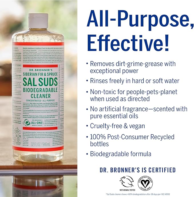 Dr. Bronner's - Sal Suds Biodegradable Cleaner (32oz, 2-Pack) – Concentrated All Purpose Cleaning Solution & Mop Soap, For Floors, Laundry & Dishes – Powerful Formula Made with Plant-Based Surfactants