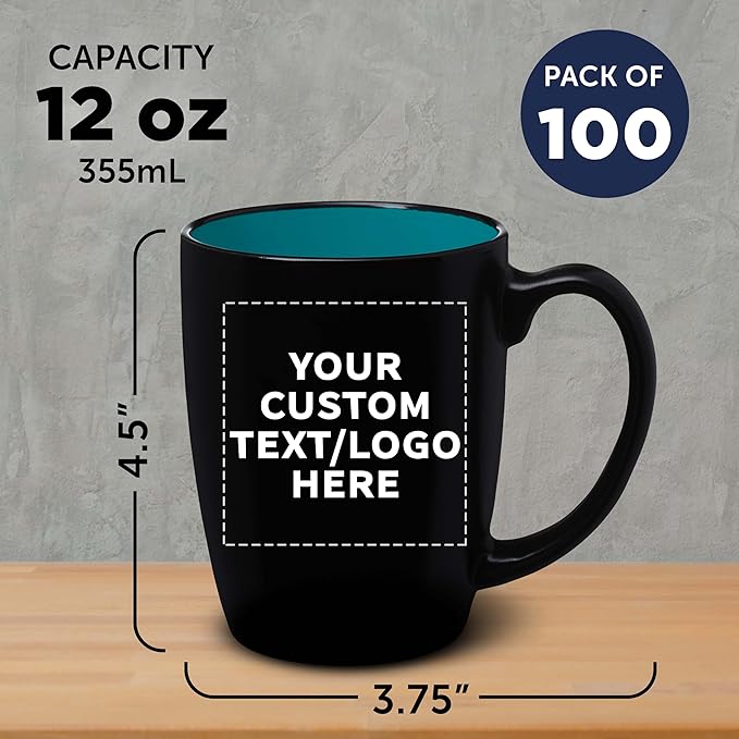 DISCOUNT PROMOS 100 Java Two Tone Coffee Mugs Set, 12 oz. - Customizable Text, Logo - Stoneware, Durable, Easy Grip - BLACKTEAL