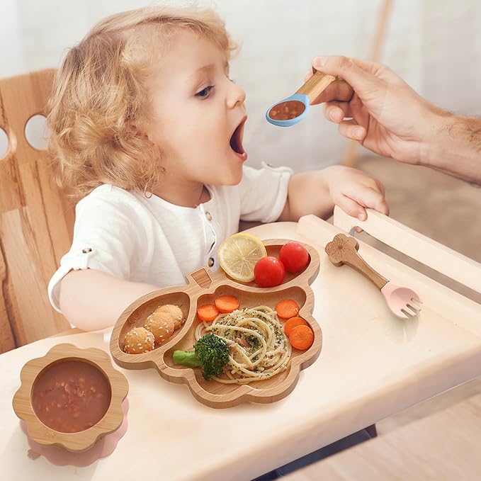 Bamboo Suction Plates Bowls Set for Baby Toddler - Includes Bamboo Bowl, Divided Plate, Silicone Fork & Spoon, All-Natural Baby Feeding Set for Baby-Led Weaning