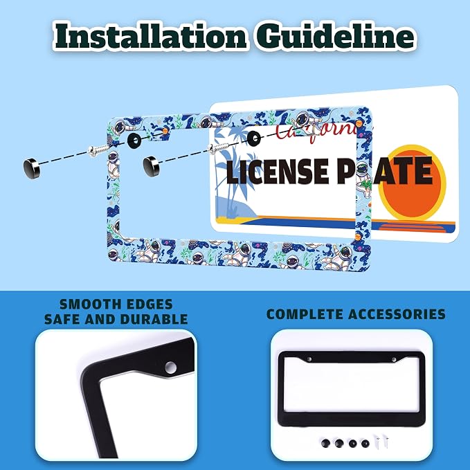 Astronaut Galaxy Planet License Plate Frame Stainless Steel 6.3 X 12.2 Inch | Fits US Standard With Screws Rust Resistant For Car Front Rear Decoration Accessories Easy Installation For Cars SUV Truck