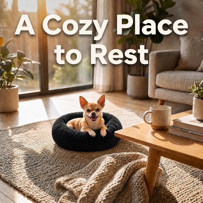 Tiny Dog Bed for Extra Small Dogs for Chihuahua Pomeranian Toy Poodle | 15 Inch Washable Puppy Bed,Soft Faux Fur Calming Donut Bed,Black