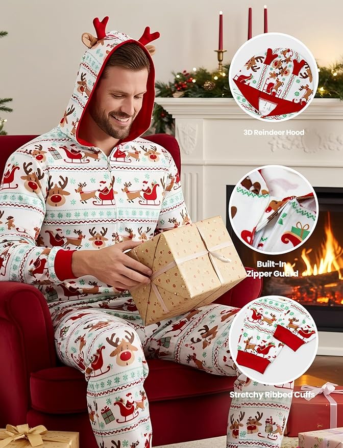 PATPAT Matching Family Christmas Onesie Pajamas – Holiday Hooded Jumpsuit Sleepwear PJs Couples Xmas Loungewear with Socks
