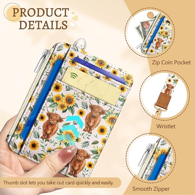 Kelvoris Credit Card Holder Small Wallet Women, Slim RFID, Highland Cows | Keychain, Zipper Coin Pocket, Front Pocket Thin Travel Card Case, Minimalist, 6 Card Slots, 1 ID Window, Ladies Gifts Woman