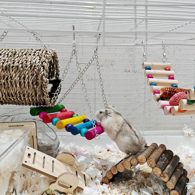 Hamiledyi Hamster Hanging Hammock 3 Piece Wooden Rat Ladder Swing Set Cage Clmbing Toys Accessories for Syrian Hamster Sugar Glider Bird Mice Playing Sleeping