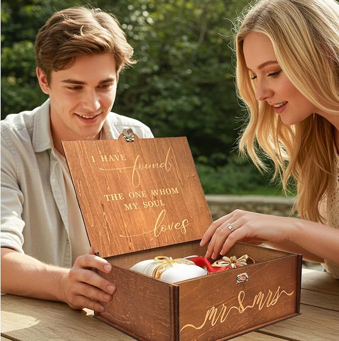 AerWo Wedding Keepsake Box, Wooden Storage Box Large with Lid and Lock, Assembled Keepsake Memory Box, Gift for Newlyweds Wedding Anniversary Engagement Photo Letter Time Capsule