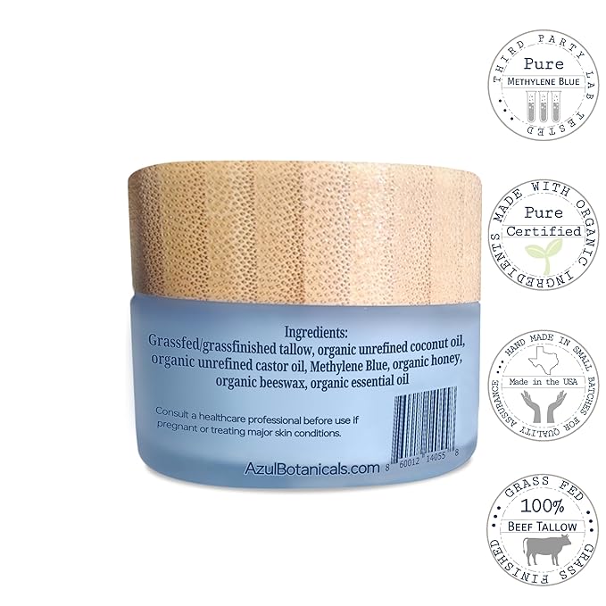 Methylene Blue Infused Whipped Grass Fed Beef Tallow Balm, Anti-Aging, Moisturizer, Stretchmarks, Rosacea, Psoriasis, Eczema, Acne, All skin types, Organic Ingredients 1.7oz