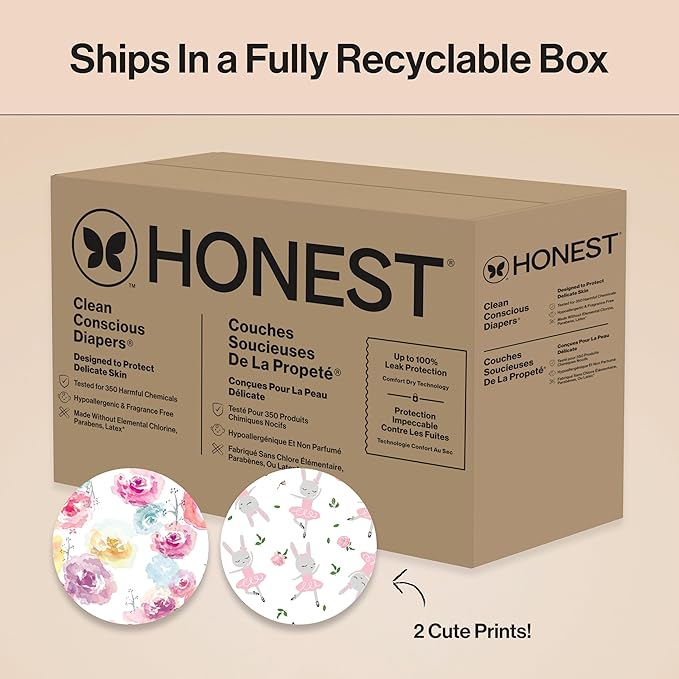 The Honest Company Clean Conscious Diapers for Sensitive Skin Up to 100% Leakproof Hypoallergenic Fragrance-Free Baby Girl Prints Super Club Box Size 1 (8–14 lbs) 136 Count