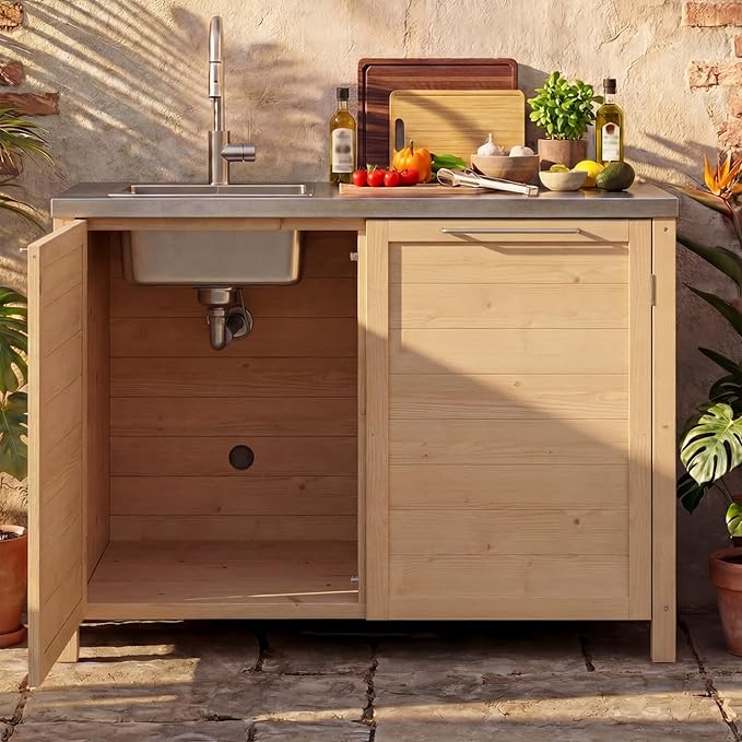 MOUMON Patio Kitchen Sink Cabinet with Stainless Steel Countertop, Solid Cedar Patio Prep Table with Trash Bin Compartment, Outdoor Cooking Station, Sink not Included, Oak 51.2”W x 23.6”D x 37.4”H