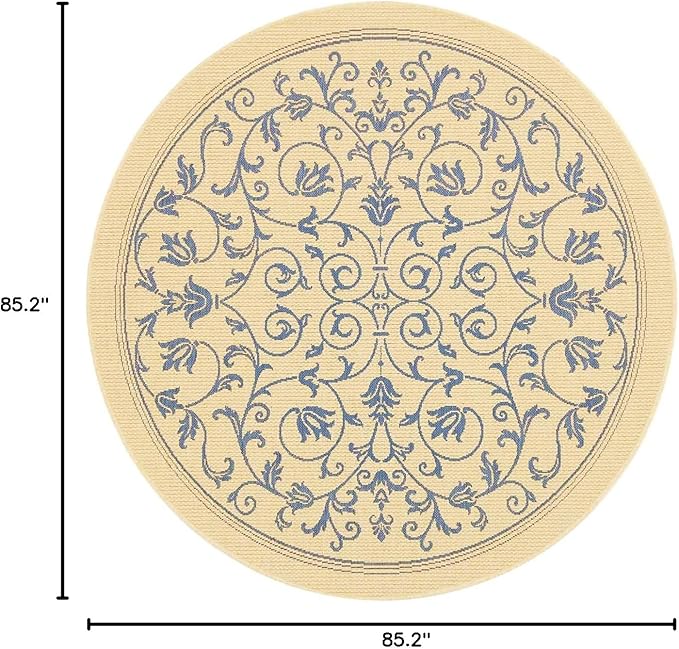 SAFAVIEH Washable Rug Outdoor Courtyard Collection - 7'10" Round, Natural & Blue, Non-Shedding & Easy Cleaning, Ideal for Patio, Backyard, Mudroom (CY2098-3101)