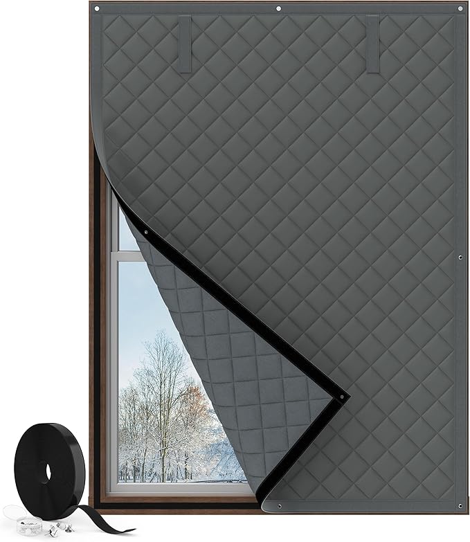 Thermal Insulated Window Cover, Curtain Size 52 x 32 Inch, Quilted Oxford Cloth Thick Cotton Filled, Fits up to 50''×30'' Windows, Ideal for Keeping Warm in Winter, Grey