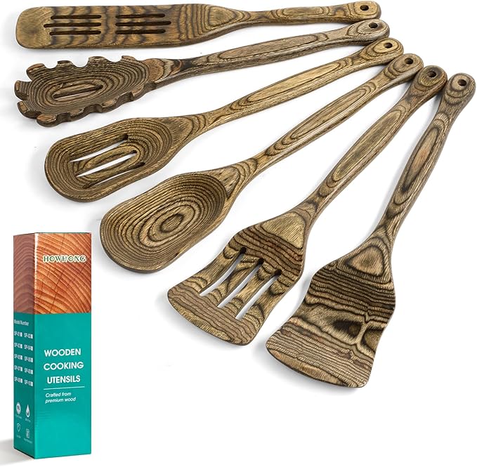Pakkawood 6-Piece Wooden Cooking Utensil Set-Wood Kitchen Utensil Set, Wooden Spoons for Cooking, Nonstick Safe Non-Toxic Wooden Cooking Tools Long Handle Design by HOWHONG (Granite Color)