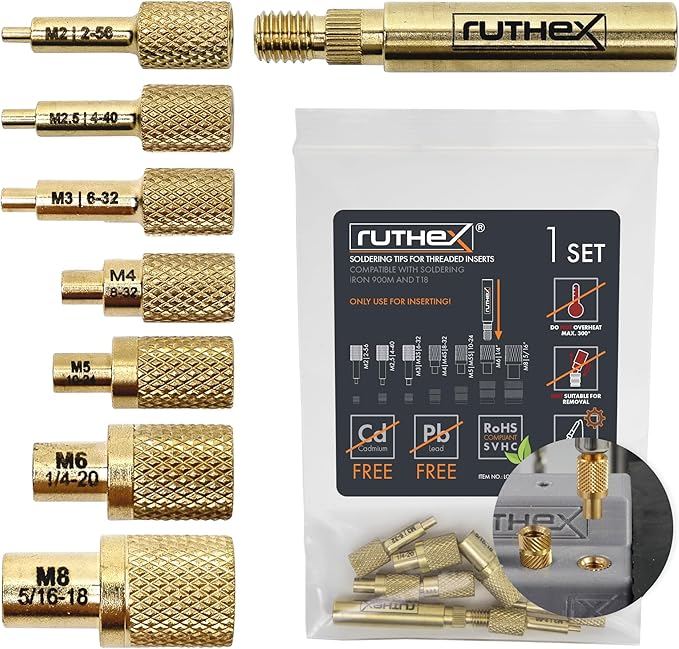 ruthex 7X Soldering Tips/Heat Set Insert Tips - for Thread Inserts M2 / M2.5 / M3 / M4 / M5 / M6 / M8 - #2-56 / #4-40/ #6-32/ #8-32/ #10-24 1/4" and Soldering Iron Adapter 900M / T18