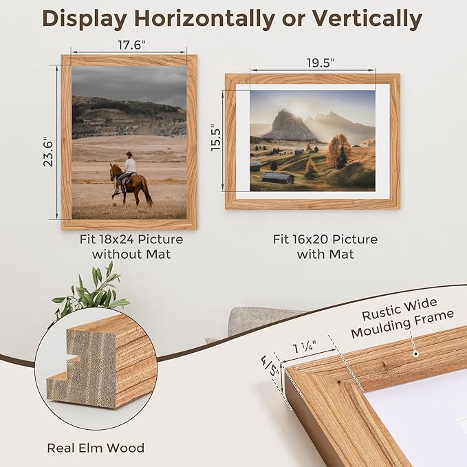 18x24 Picture Frame, Solid Elm Wood Picture Frame with Real Glass, Large Rustic Poster Frame 18"x24", matted to 16x20, 18 by 24 Wooden Frame for Vertical & Horizontal Wall Hanging, Natural, 1 Pack