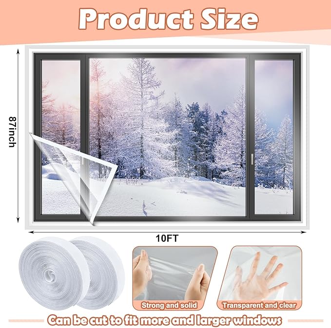 Window Insulation Kit Cuttable Transparent Film with Adhesive Straps Reusable Window Plastic for Winterizing Thicken Thermal Waterproof Attic Insulation Cover Warm Winter (87 Inch X 10 ft)