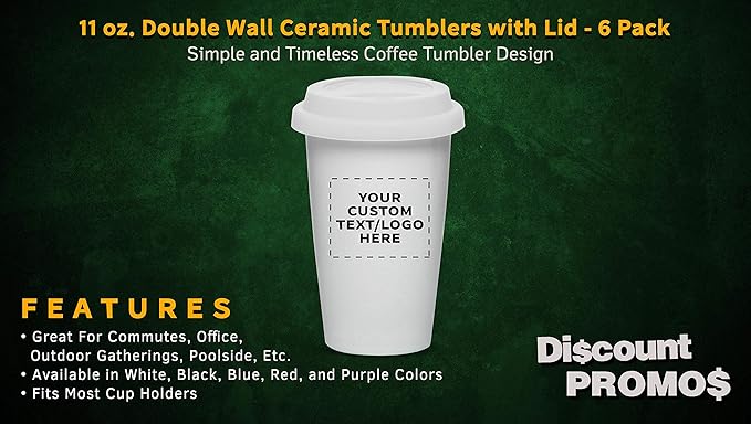 Personalized 11 oz. Double Wall Ceramic Tumblers with Lid - 6 Pack - Custom Text, Logo - White