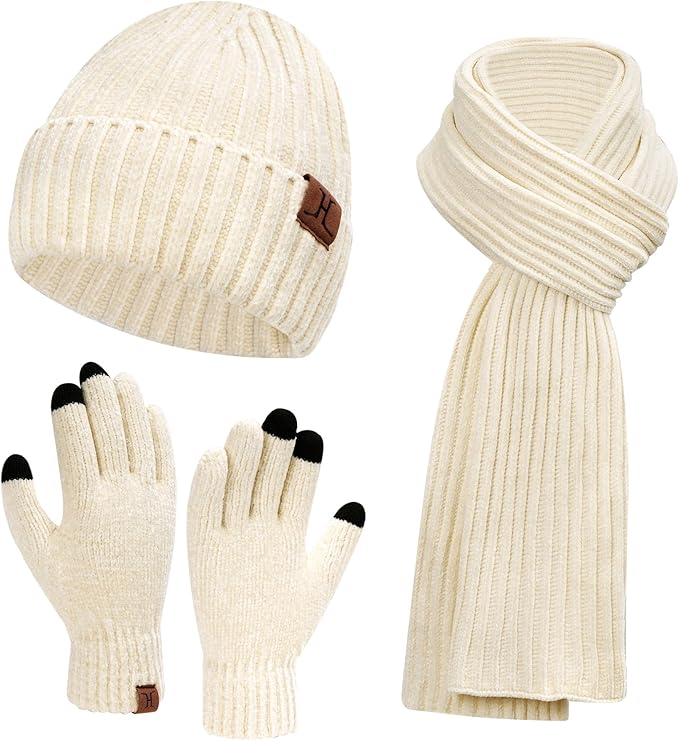 Womens Winter Knit Warm Hat Beanie Long Scarf Touch Screen Gloves Set Skull Caps Neck Scarves for Women