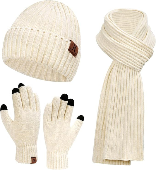 Womens Winter Knit Warm Hat Beanie Long Scarf Touch Screen Gloves Set Skull Caps Neck Scarves for Women