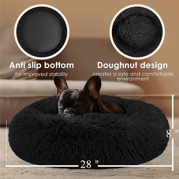 28in Large Dog Bed, Medium Size Dog and Cats, Calming Donut Bed for Puppy and Kitten, Washable Round Fluffy Pet Bed (Black)