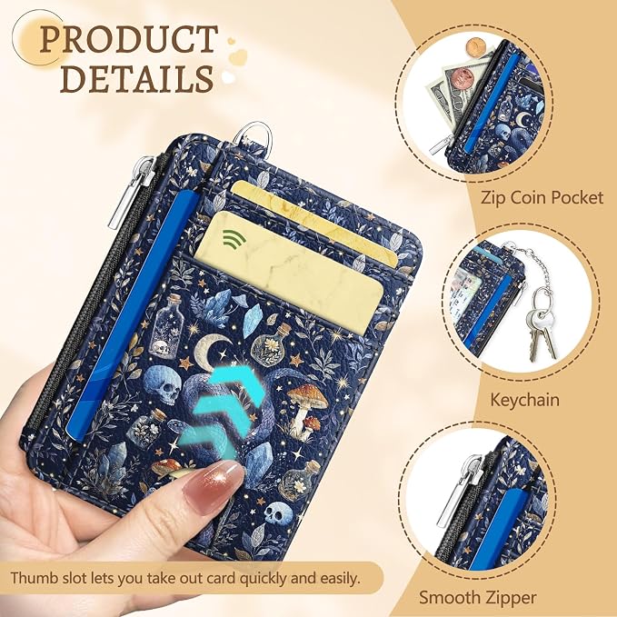 Kelvoris Credit Card Holder Small Wallet Women, Slim RFID, Goth Mushroom | Keychain, Zipper Coin Pocket, Front Pocket Thin Travel Card Case, Minimalist, 6 Card Slots, 1 ID Window, Ladies Gifts Woman