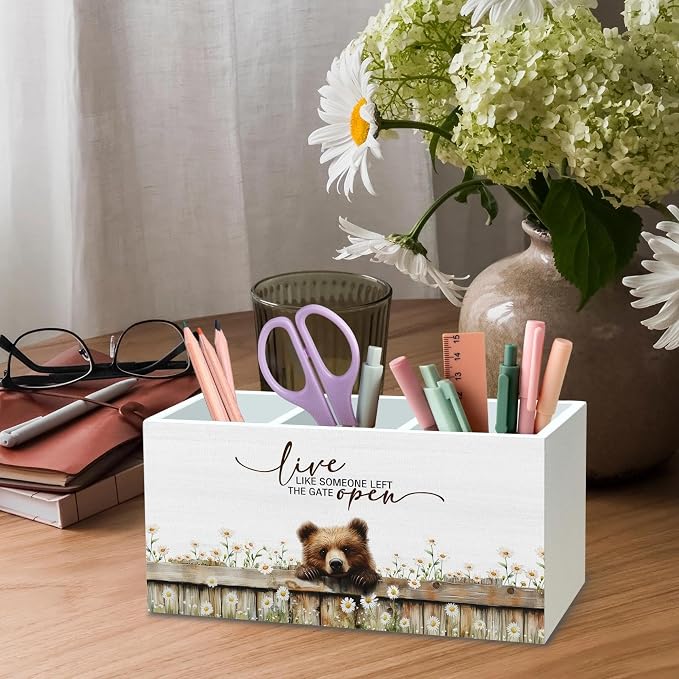 DILSJ Bear Inspirational Pen Pencil Holder Organizer for Desk, Bear Gifts for Women Men, Live Like Someone Left the Gate Open Wooden Box Signs for Home Office Desk Tabletop Decoration