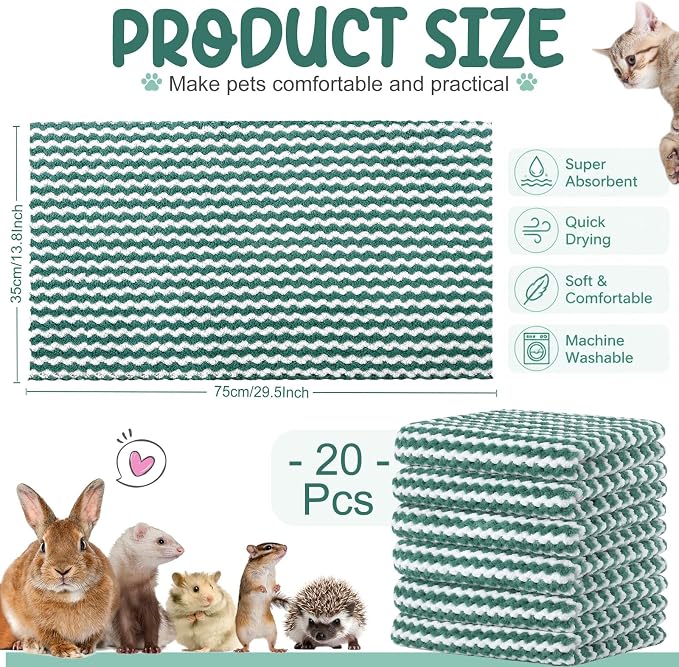 Moukeren 20pcs Guinea Pig Blankets, 14 x 30 Inch, Modern, Dark Green | Washable Reusable Bedding Pads for Small Animals, Soft Absorbent Mats for Guinea Pig, Rabbit, Hamster, Hedgehog & Chinchilla