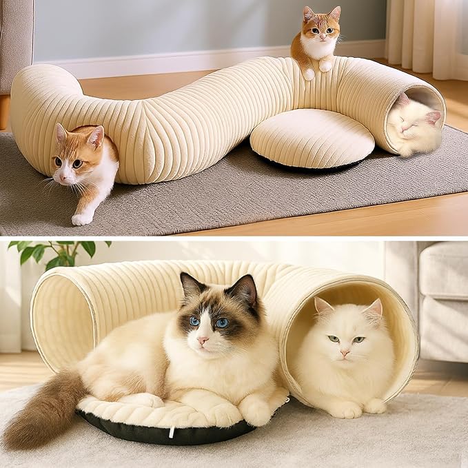 Cat Tunnel Bed with 40 Pcs Interactive Cat Toys, White | Cat Tube with Kitten Toys for Indoor Kittens, Collapsible Play Tunnel, Cat Gifts