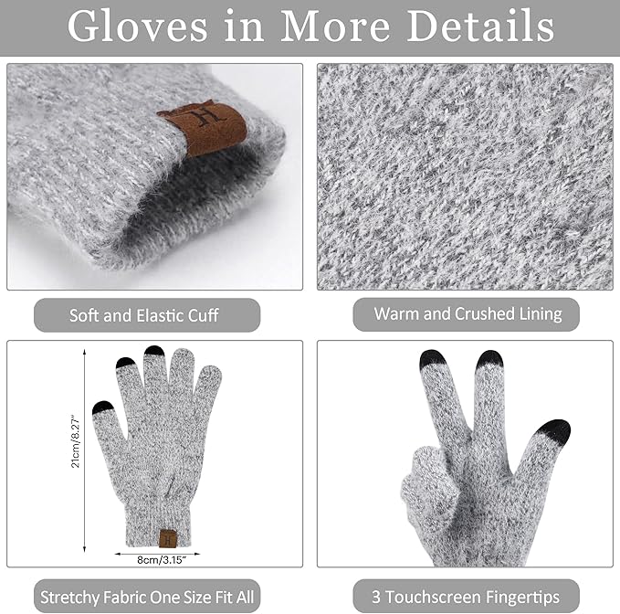 Womens Winter Warm Knit Beanie Hat Touchscreen Gloves Long Neck Scarf Set with Fleece Lined Skull Caps Gifts for Women