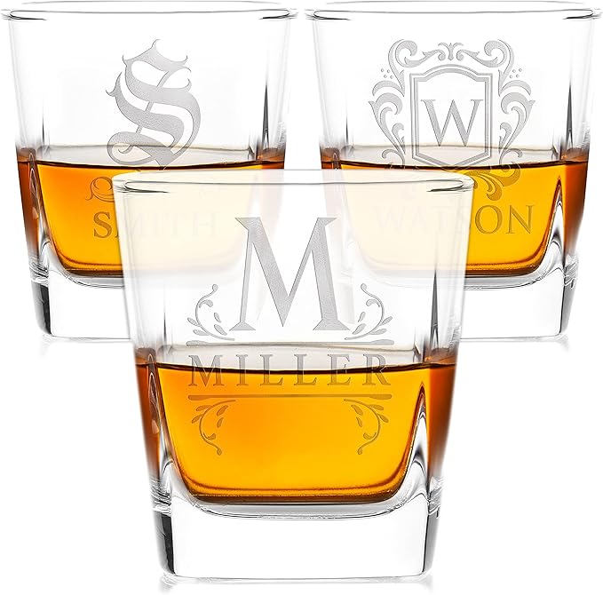 Amazing Items Set of 3 - Whiskey Gifts for Men, Personalized Whiskey Glasses w/Name & Initial - 9 Designs - 9 oz, Limited Edition Monogrammed Rocks Glasses for Whiskey, Dad Gifts
