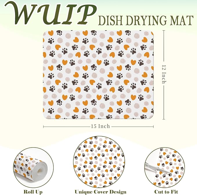 Dog Decor Dish Drying Mats for Kitchen Counter, Dog Lover Gifts, Cute Puppy Paw Print Absorbent Reversible Coffee Bar Mat Drying Pad for Kitchen Decor, 12x15 Inch