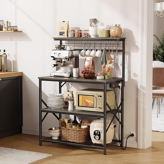 Furologee Kitchen Bakers Rack with Power Outlet,Coffee Stand with Storage 4 Tiers,Coffee Bar Station with a 31.5 Inch Larger Desktop and 8 S Hooks,Kitchen Microwave Rack for Spices,Pots,Black Oak