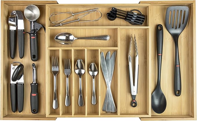 KitchenEdge Premium Silverware, Flatware and Utensil Organizer for Kitchen Drawers, Food-Safe Contract Grade, Expandable from 16 to 28 In, Natural Bamboo