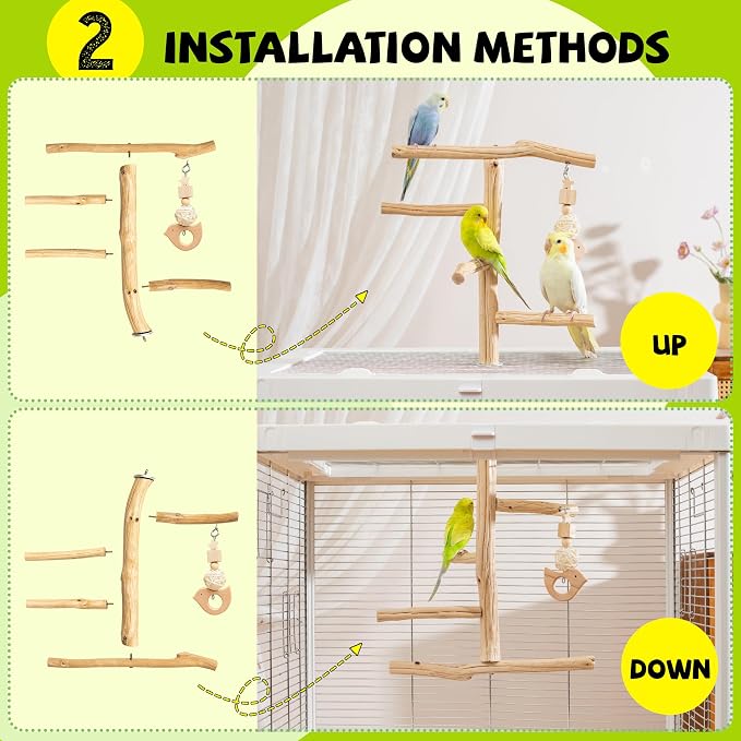 Natural Wooden Bird Perch Stand with Hanging Toy, Bark-Free Solid Wood Parrot Perch for Budgies, Parakeets, Cockatiels and Lovebirds, Inside or Cage Top Bird Playground