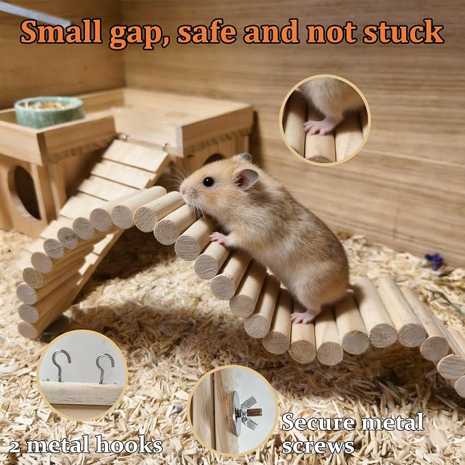 Hamiledyi Hamster Bridge 15.7x2.4in Hamster Wooden Bridge Bendy Climbing Ladder Long Suspension Bridge Chew Toys for Rat Mice Gerbil Chipmunk Sugar Glider