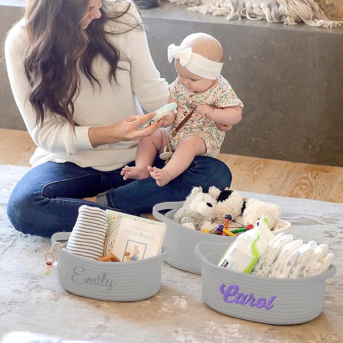 HUTARIO Personalized Woven Basket Embroidered Name with Gift Bags and Ribbons,Empty Small Rope Basket，Durable Storage Custom Grey Basket with Handles for Baby Showers or Christmas,12"×8"×5"