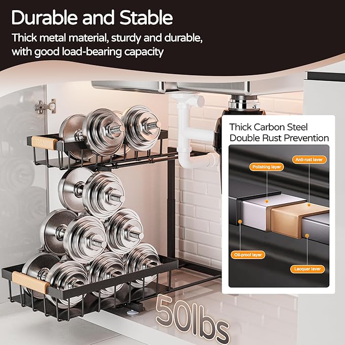 ADBIU Under Sink Organizer 2 Pack, 2 Tier Pull Out Cabinet Organizer with Expandable Height (13.2"-17.2"), Slide Out Metal Storage Shelves for Kitchen, Bathroom, Pantry and Under Cabinet