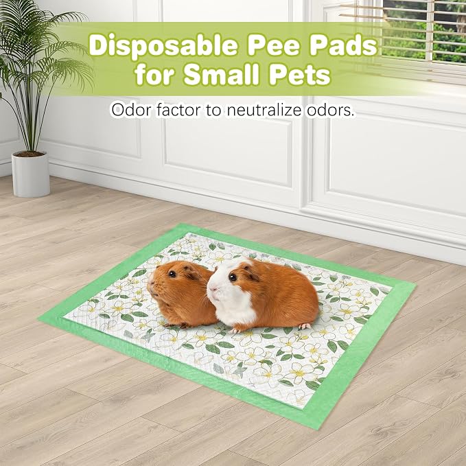 Fhiny 100 PCS Disposable Guinea Pig Pee Pads, 13'' x 18'' Super Absorbent Rabbit Cage Liner Odor Control Small Pet Cage Training Pads for Rabbit Bunny Ferret Cat Puppy and Other Small Animals