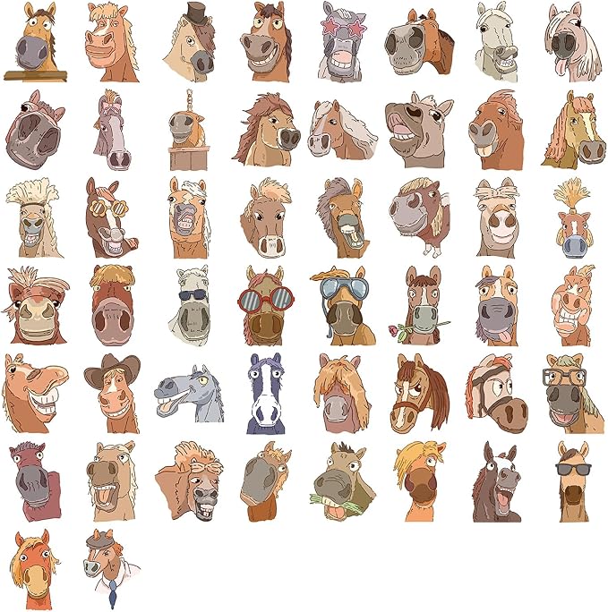 50Pcs Funny Horse Sticker Pack for Kids Teens Adults, Vinyl Cartoon Animals Decals Kawaii Meme Sticker for Decor Water Bottles Laptops Guitar Scrapbook (Horse)