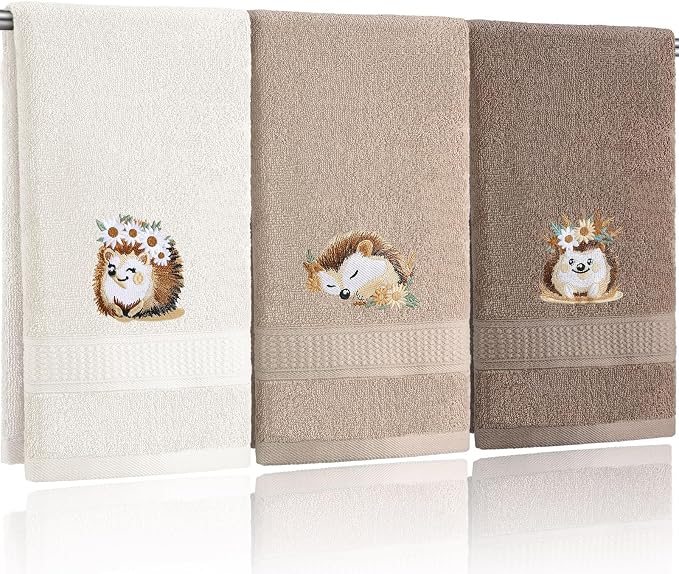 3 Pcs Hedgehog Floral Hand Towels Bathroom Decor | Cute Hedgehog Gifts, Decorative Farmhouse 100% Cotton, Embroidered Hand Towels for Women Bathroom Kitchen 13.3'' x 29.5''