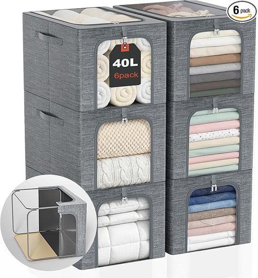 GoMaihe Clothes Storage Bin with Metal Frame: 6-Pack Stackable Closet Storage Bin with Lid & Clear Window, Sweater Boxes Storage for Closet Bedding Clothing Storage Organizer 40L