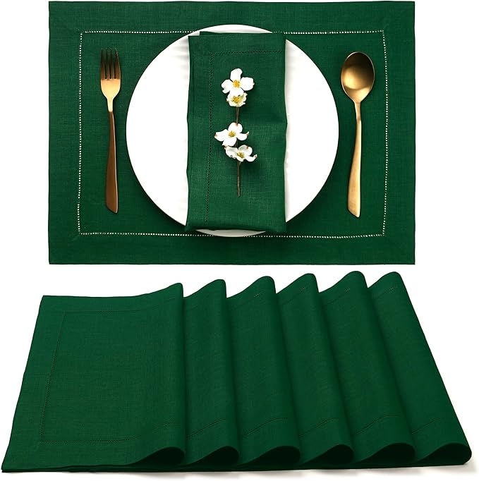 D'Moksha Homes Linen Placemats Set of 6 - Classic Hemstitch Forest Green Placemats 14 x 19 Inch - 100% Pure Linen Table Mats for Thanksgiving, Christmas, Holiday - Handcrafted and Machine Washable
