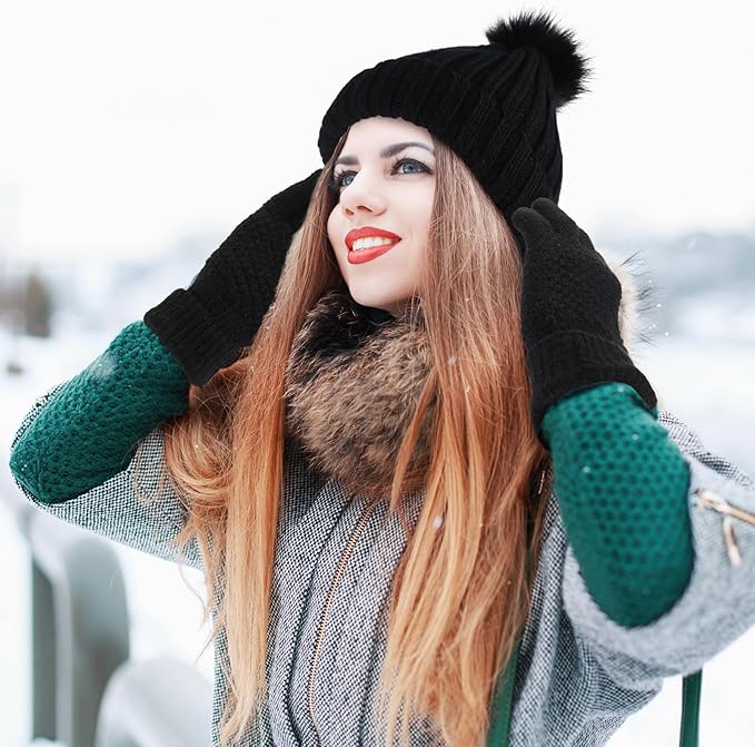 SATINIOR 5 Pcs Winter Satin Lined Hat Scarf Gloves Set Knit Pompom Beanie Warm Touchscreen Glove Earmuff Ear Warmer for Women
